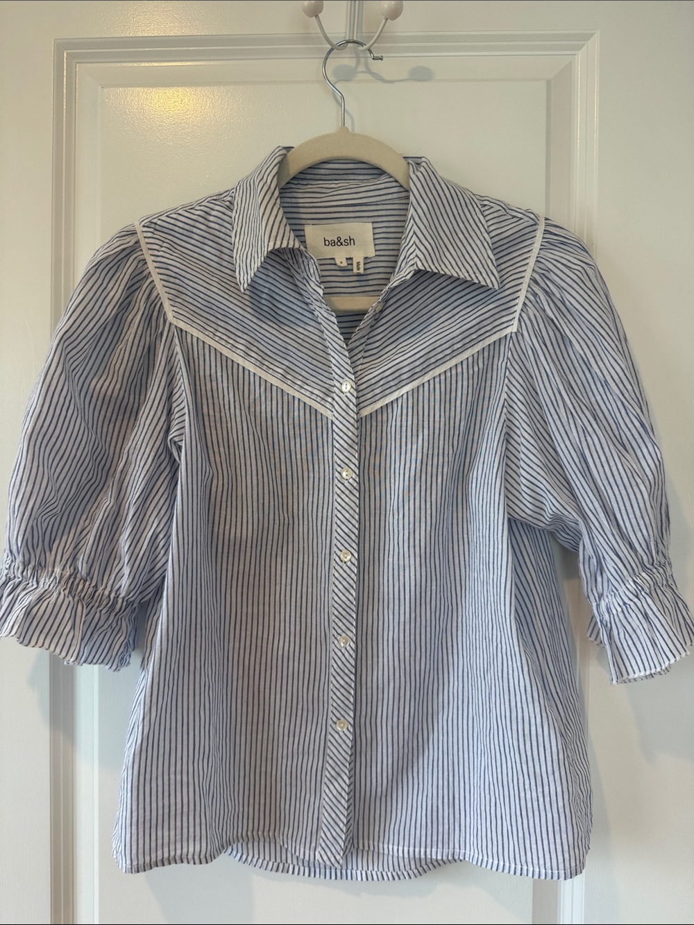 ba&sh Blue and White Striped Button-Front Cotton Shirt
